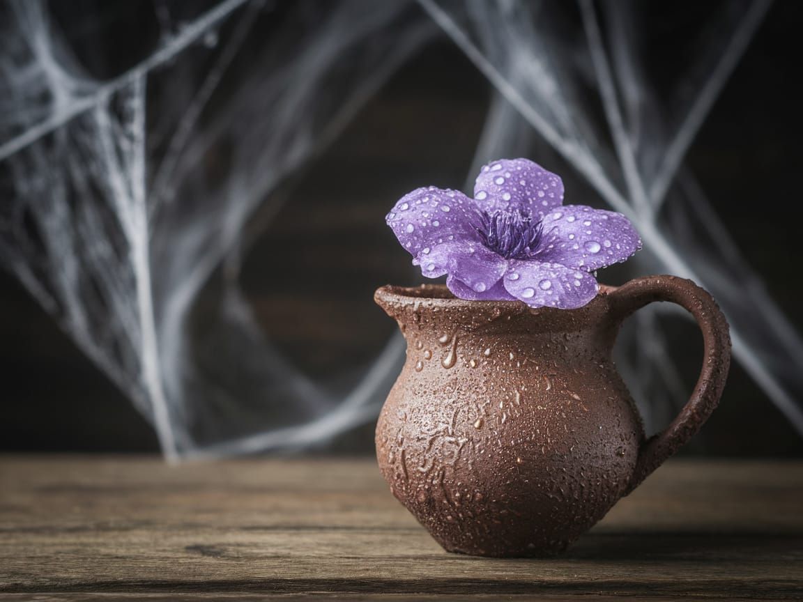 Vintage Clay Jug with Purple Flower in Whimsical Still Life