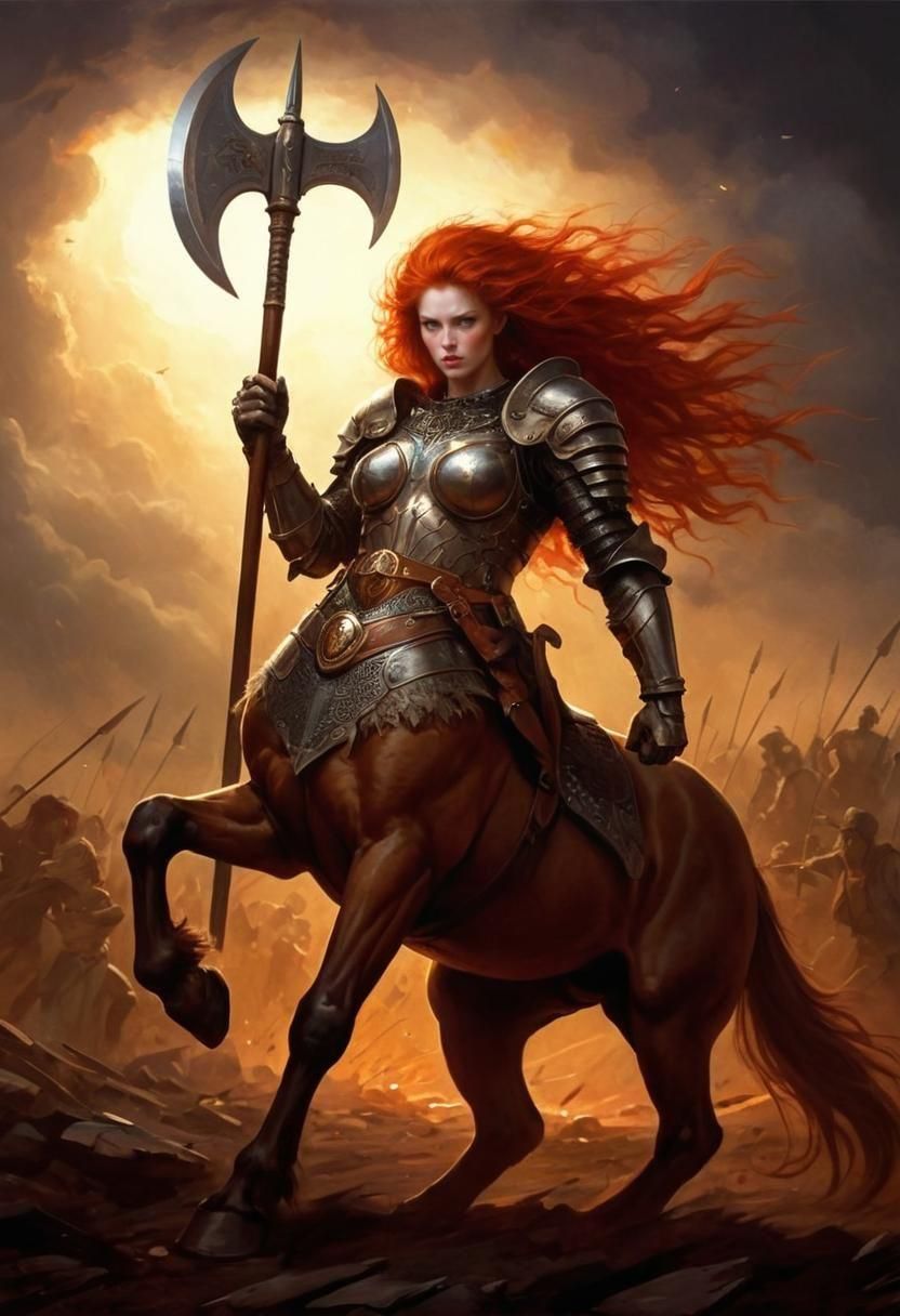 Armored Centaur Woman in Epic Battle Scene