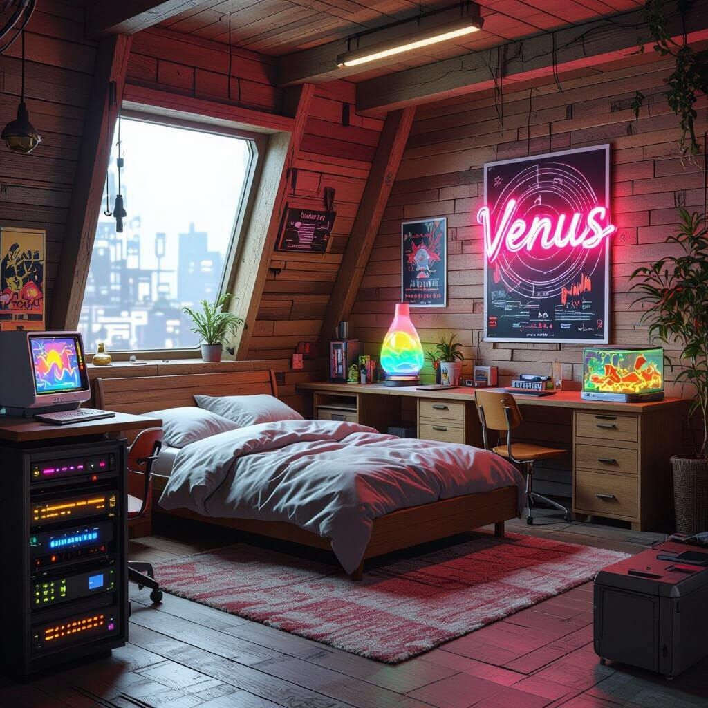 Cozy Cyberpunk 90s Bedroom with Neon Sign