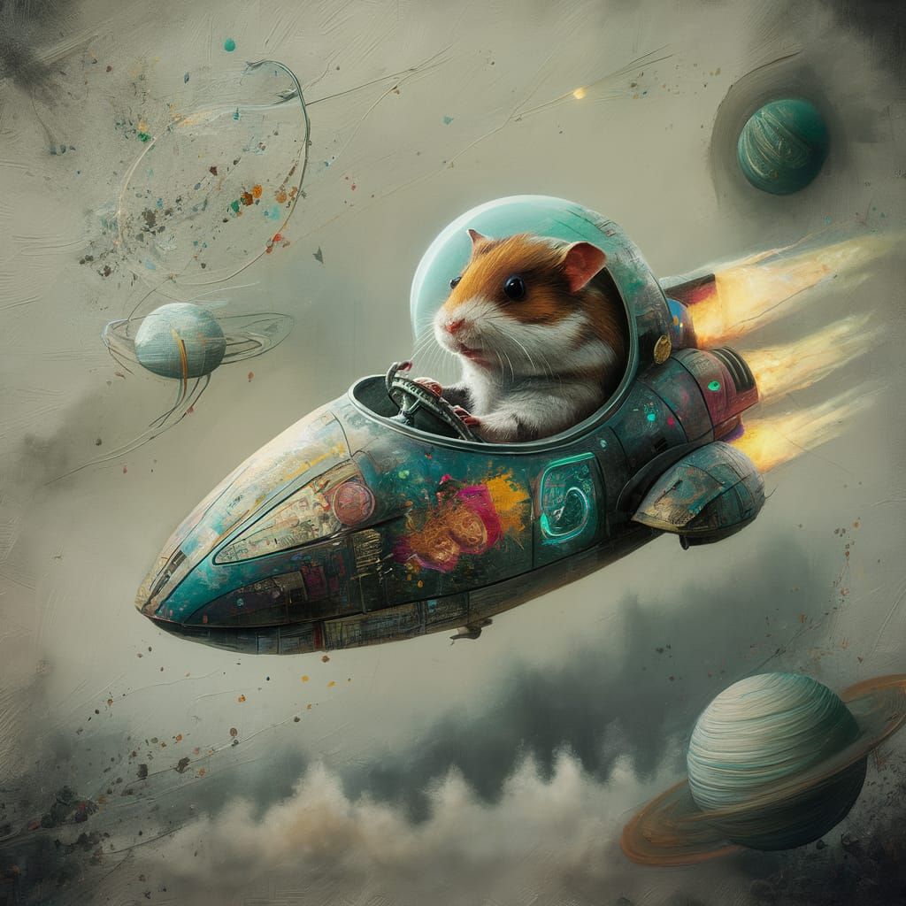 Biopunk Hamster in Spaceship Soaring Through Cosmos
