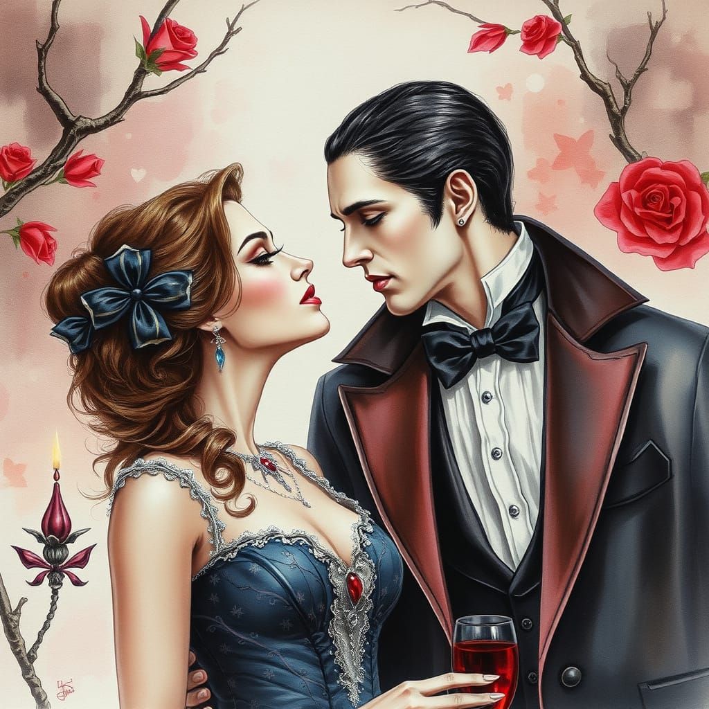 Ethereal Vampire Couple in Dreamy Watercolor