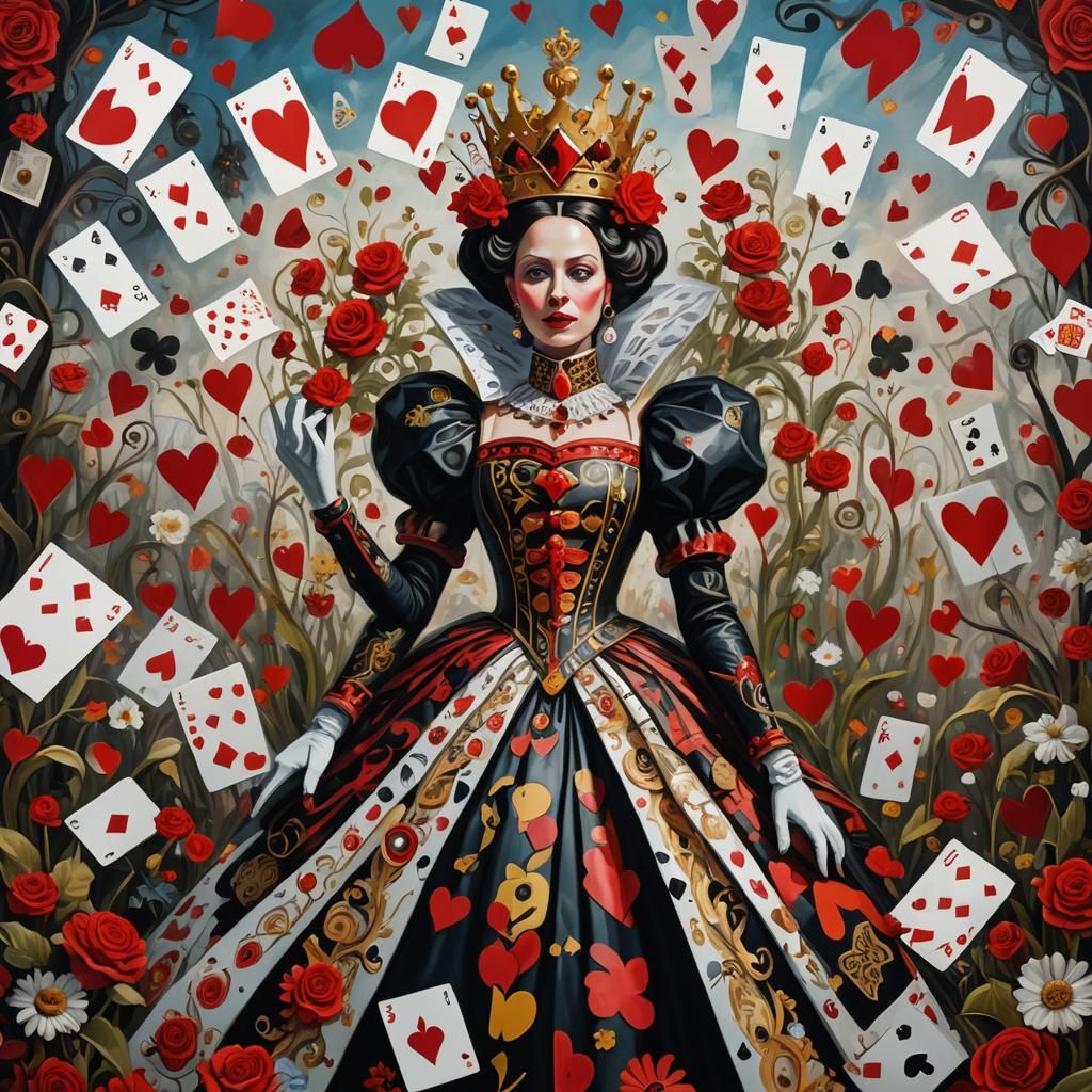 Queen of Hearts in Surreal Wonderland Oil Painting