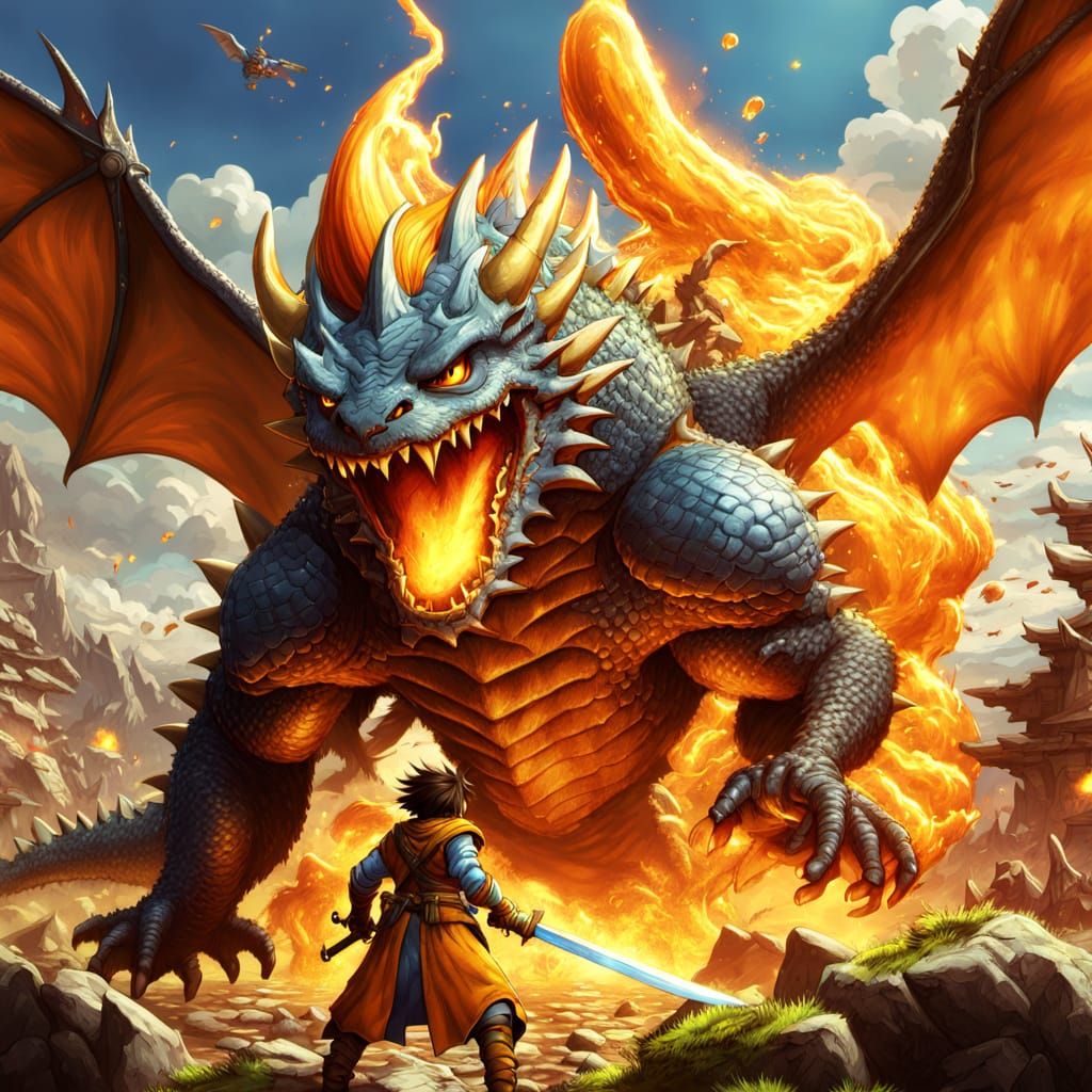 Dragon Quest Adventurer Battles Slime in Fantasy Landscape