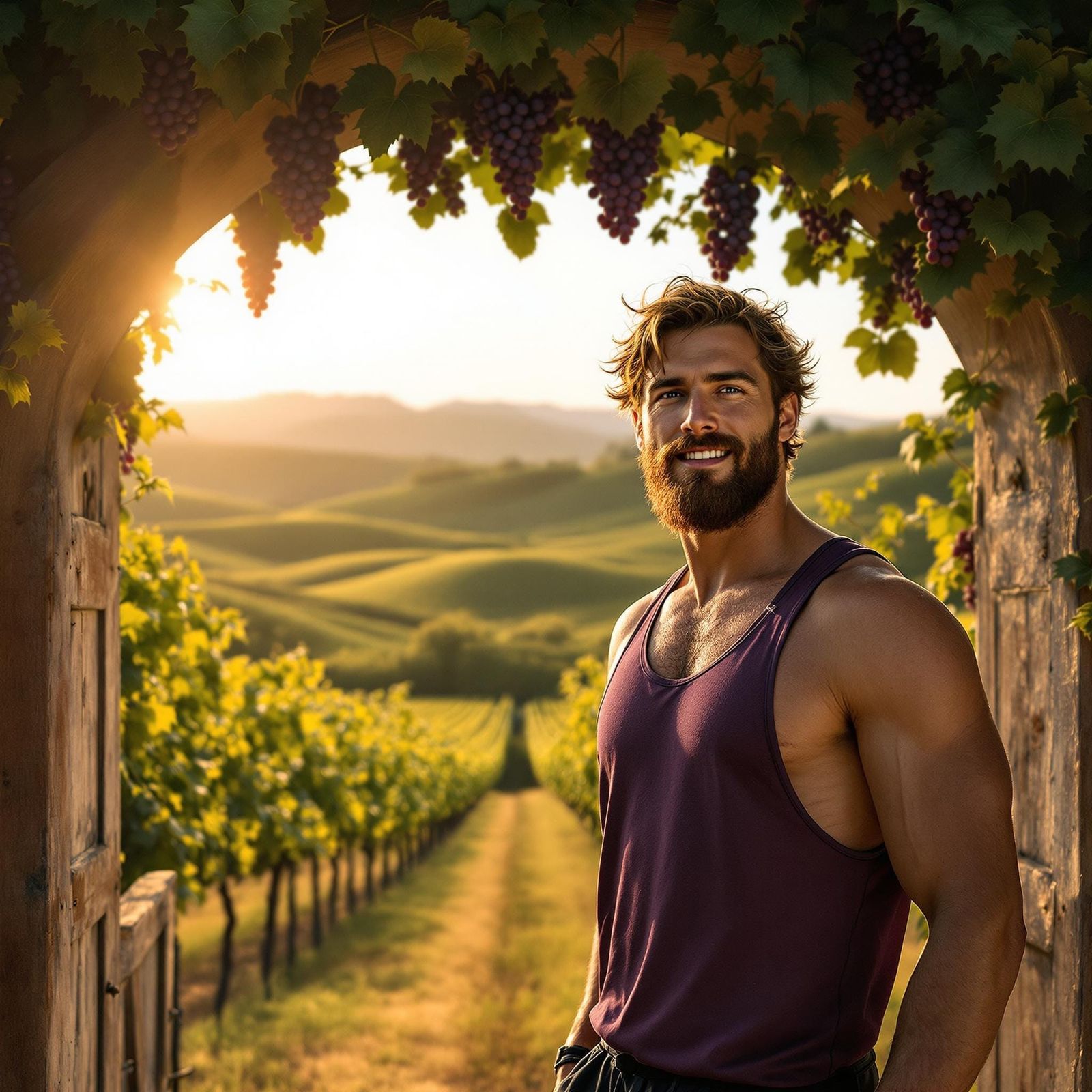 A handsome, sun-kissed califorian man with tousled chestnut hair and a neatly trimmed beard, in a purple take top and jo...