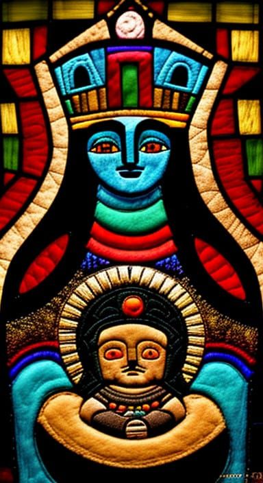 Surreal Aztec Portrait of Mary Holding Baby Jesus