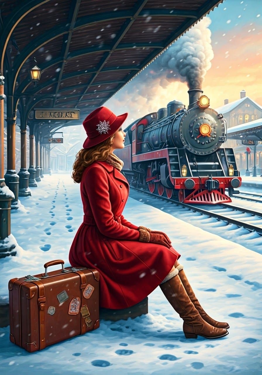 Crimson Winter: Woman on Snow-Covered Train Platform