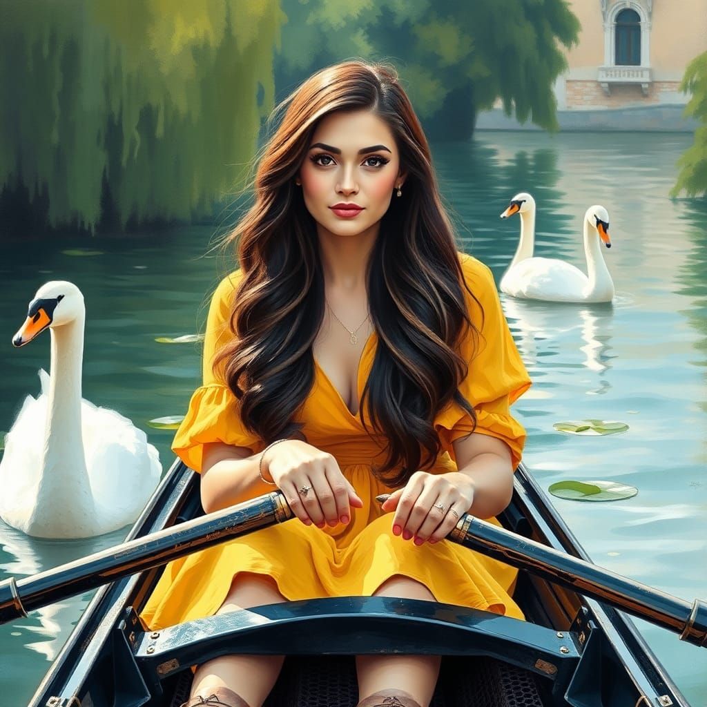 Portrait, gondola pond, swans, woman with long brunette hair...