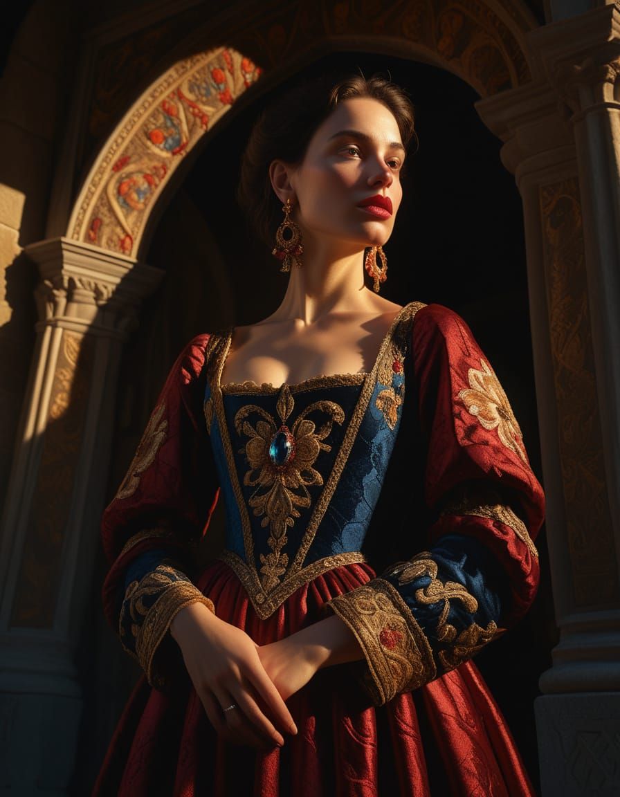 Elegant Woman in Embroidered Gown Before Medieval Temple