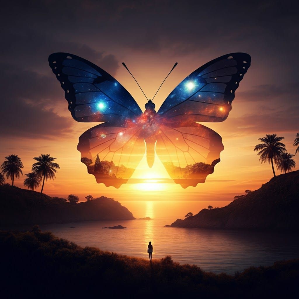 Giant Butterfly Silhouette with Cosmos in Wings