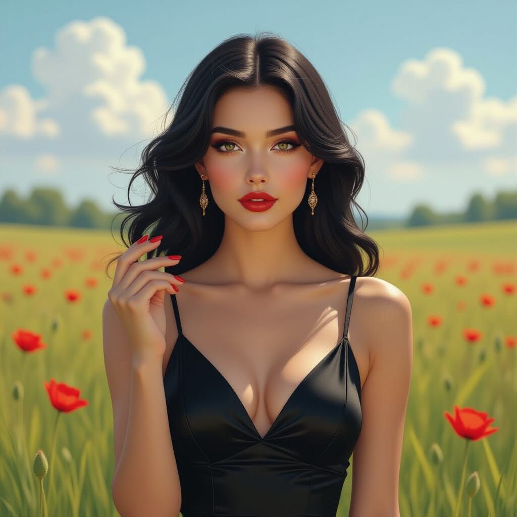 Woman in Silk Dress in Meadow, Matte Painting Style