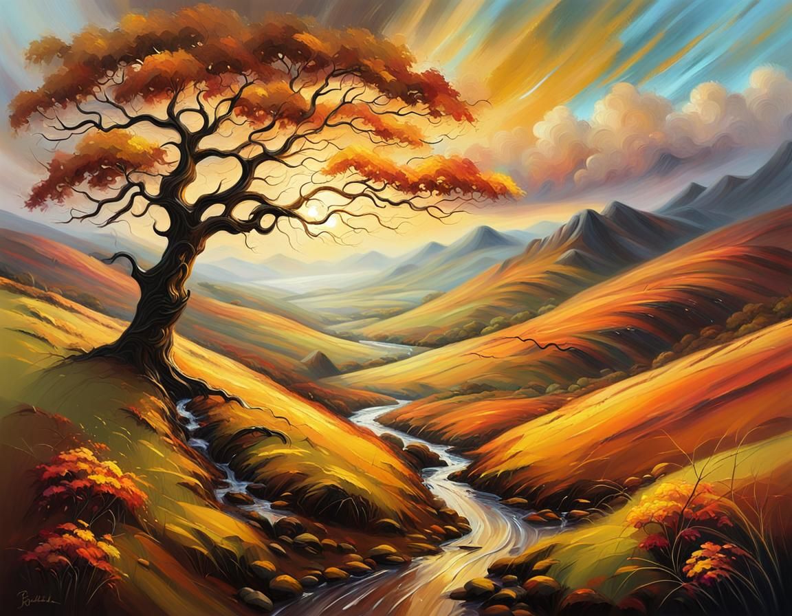 Scottish Autumn Landscape Gleams in Golden Evening Light