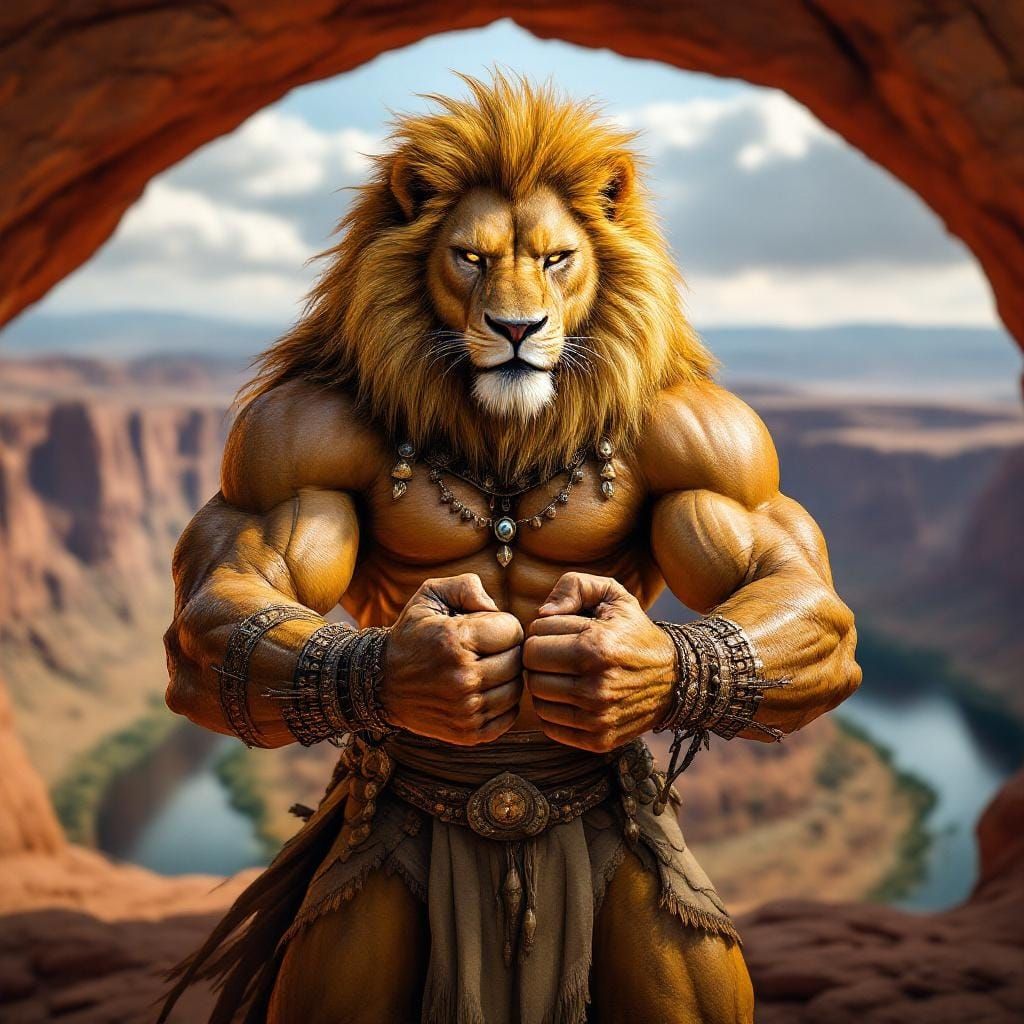 Golden Lion Warrior at Horseshoe Bend in Photorealistic Styl...