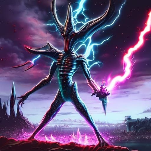 Cyber Alien with Crystal Weapon in Stormy City