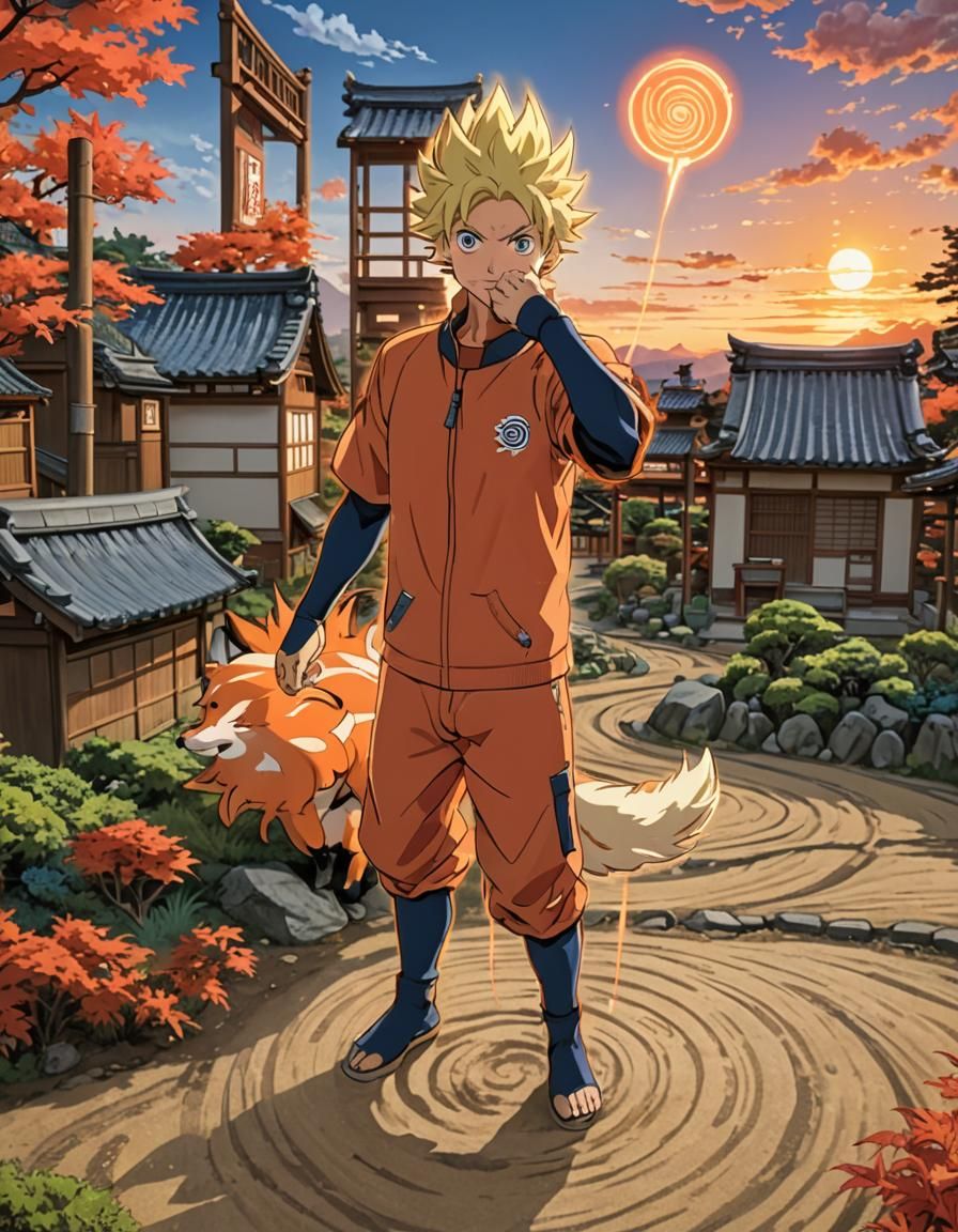 Naruto Triumph at Sunset: Anime Style Nine-Tailed Fox