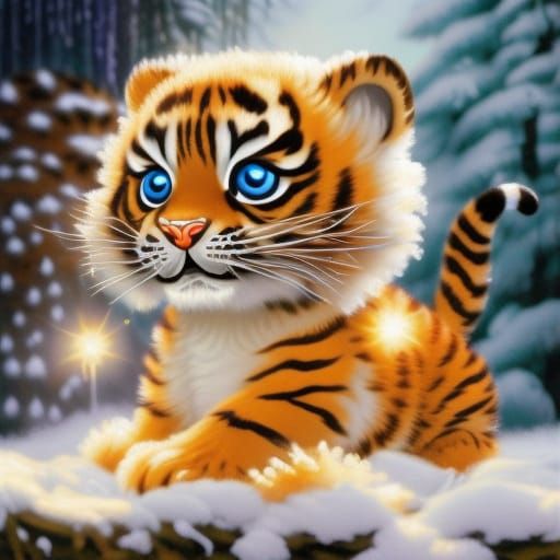 Cute Cartoon Baby Tiger in Sparkling Snow