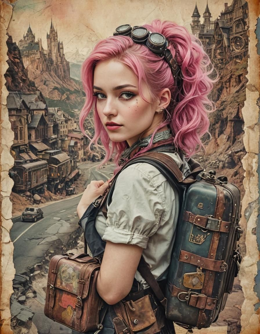 Steampunk Girl Travel Postcard in Vintage Lithography Style