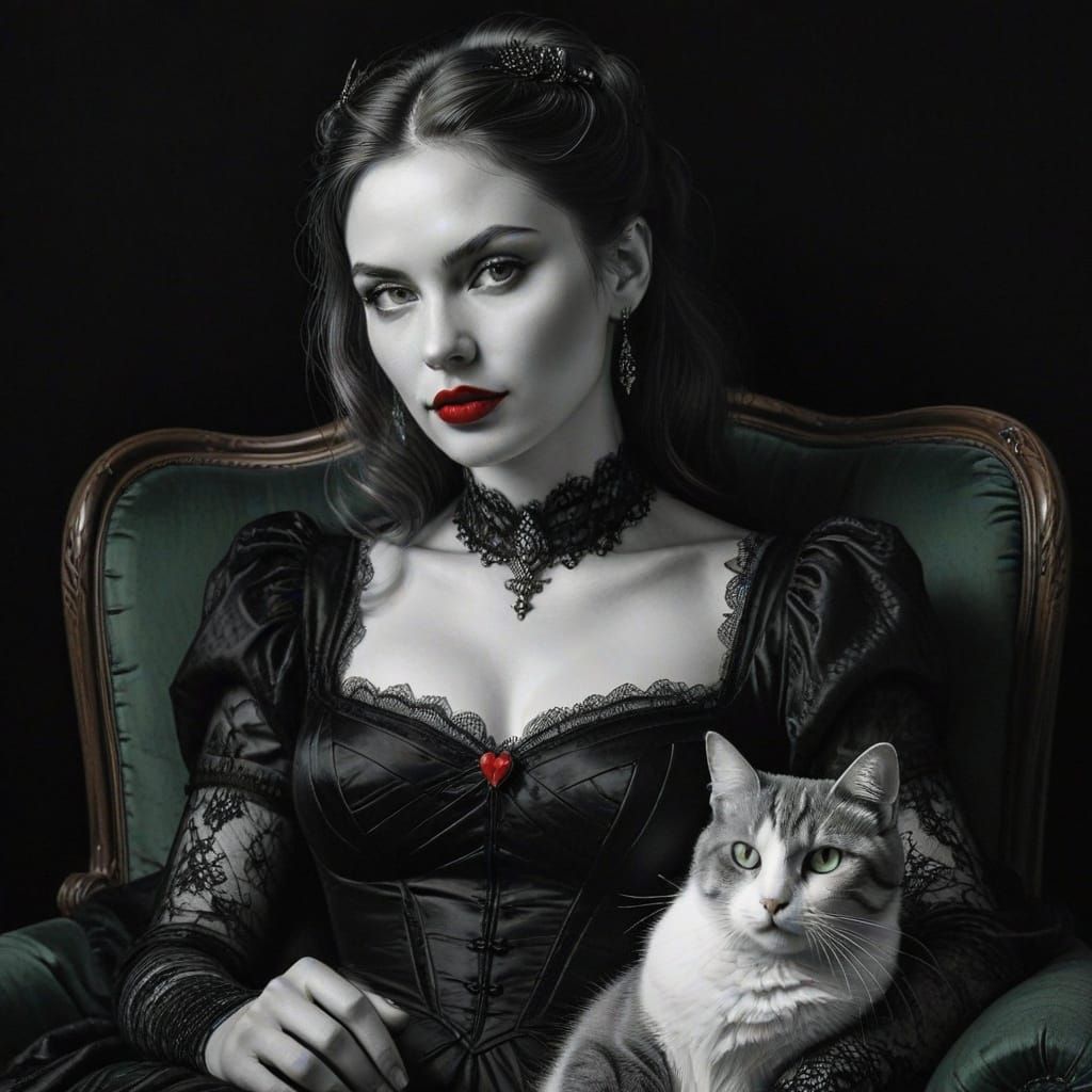 Charcoal Portrait of Woman with Cat, Dramatic Contrast