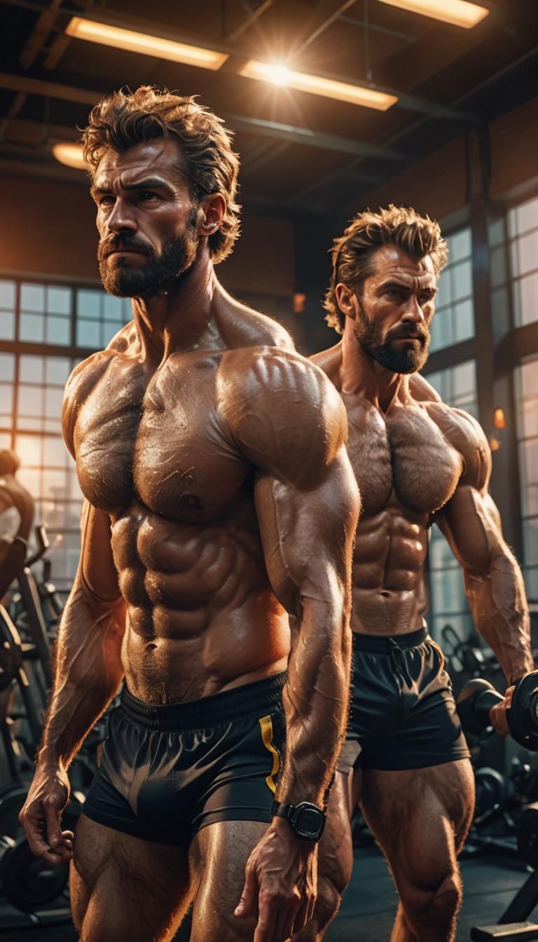 Muscular Men in Dimly Lit Gym