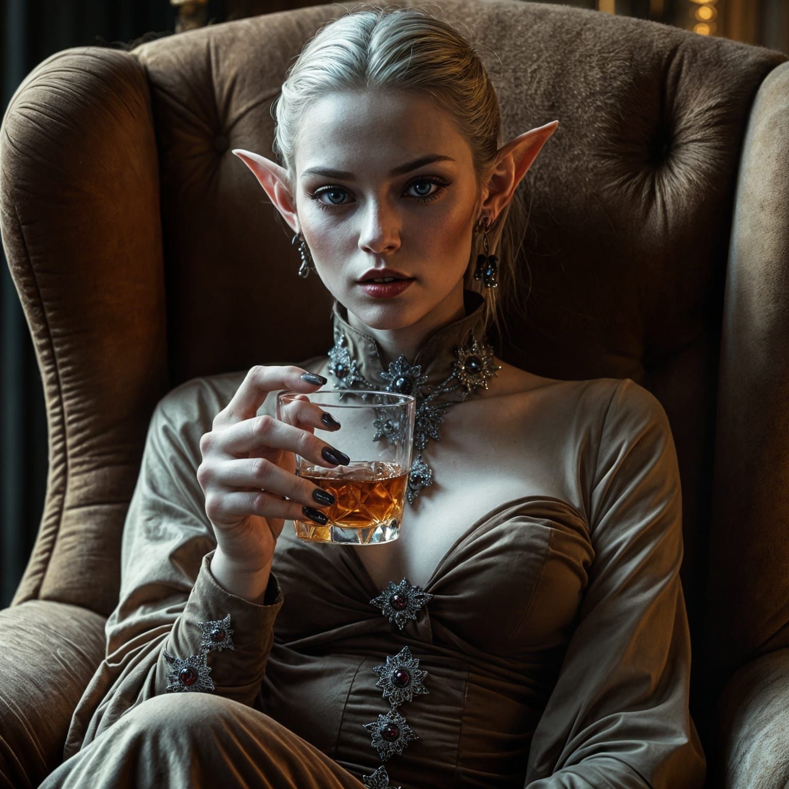 Ethereal Vampire Sips Whiskey in Moonlit Splendor