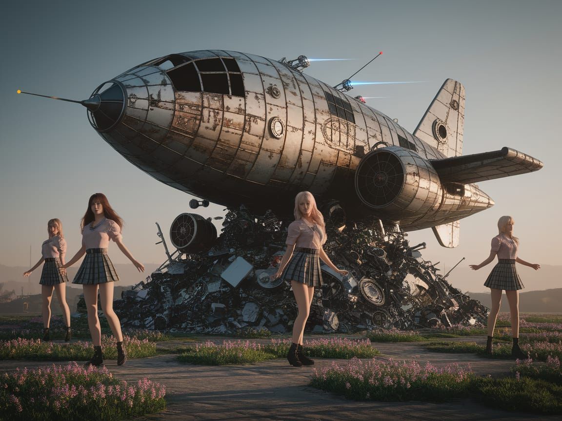 close up giant kpop girls dance around a decrepit rusting de...