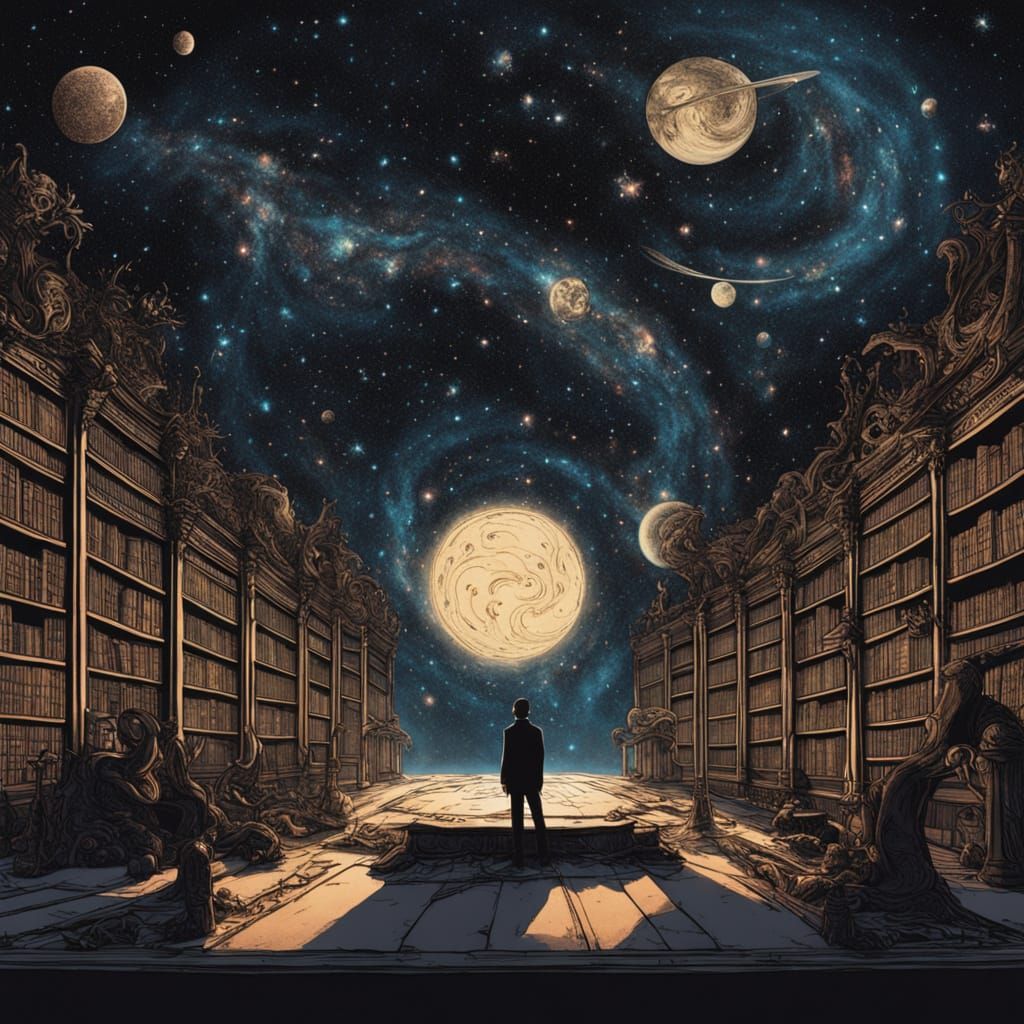Cosmic Library with Glowing Runes in Fantasy Style