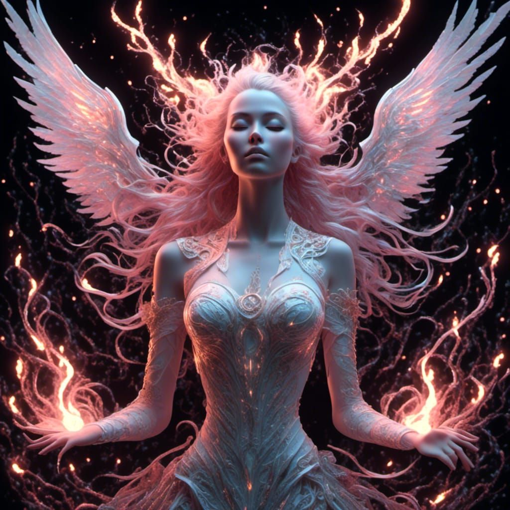 A beautiful woman with hair made of glowing NEON WHITE flames