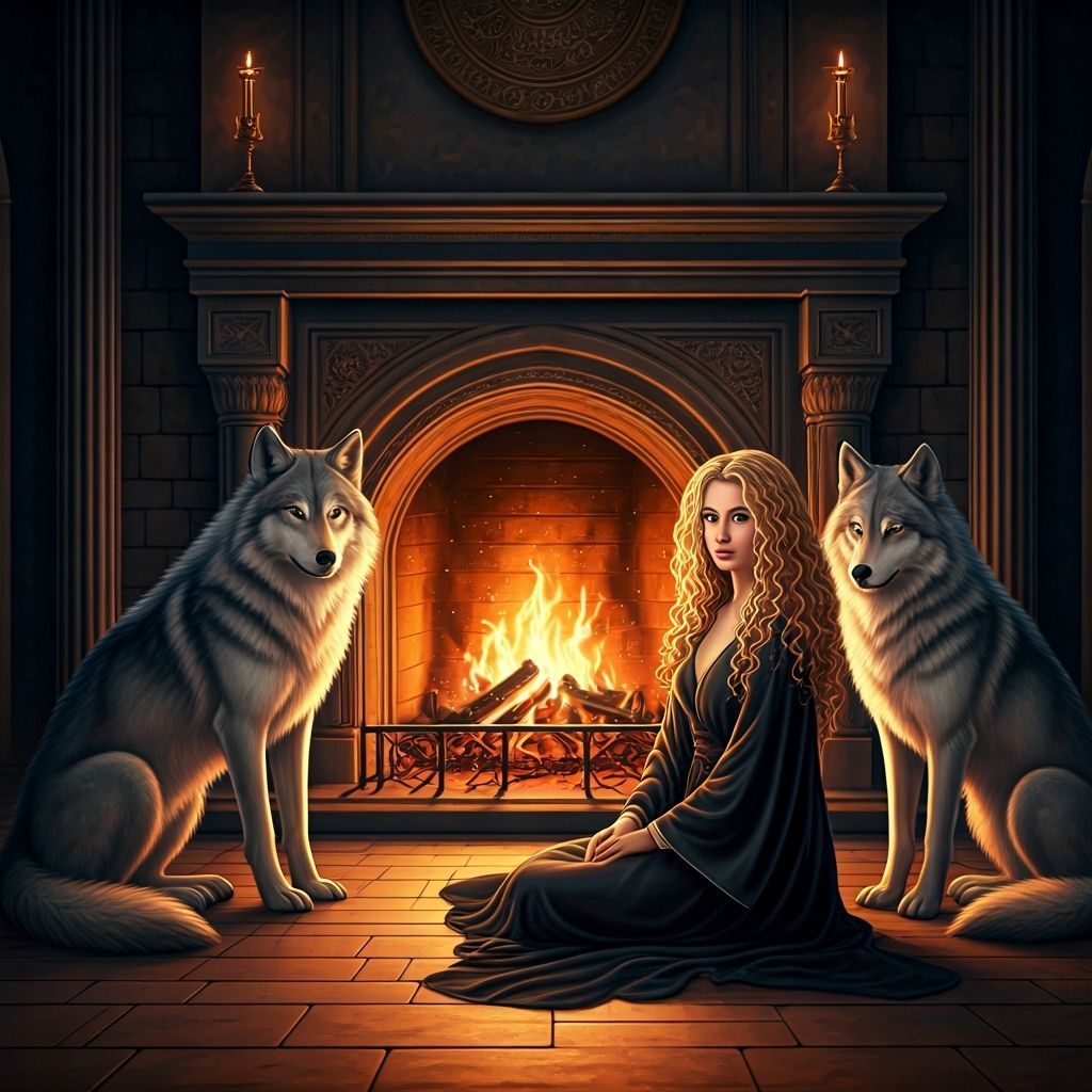 Woman and Wolves by Fireplace in Frazetta Style