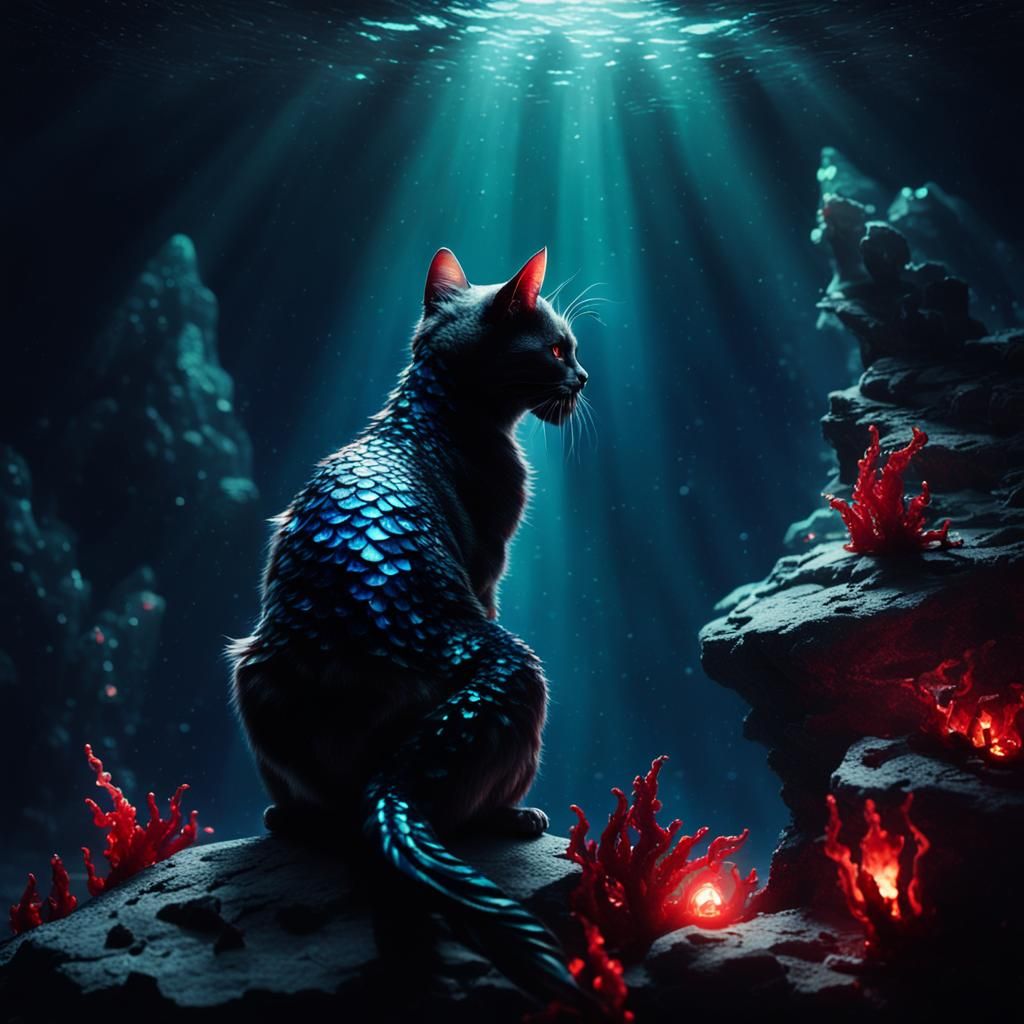 Eerie Mermaid Vampire Cat on Underwater Throne