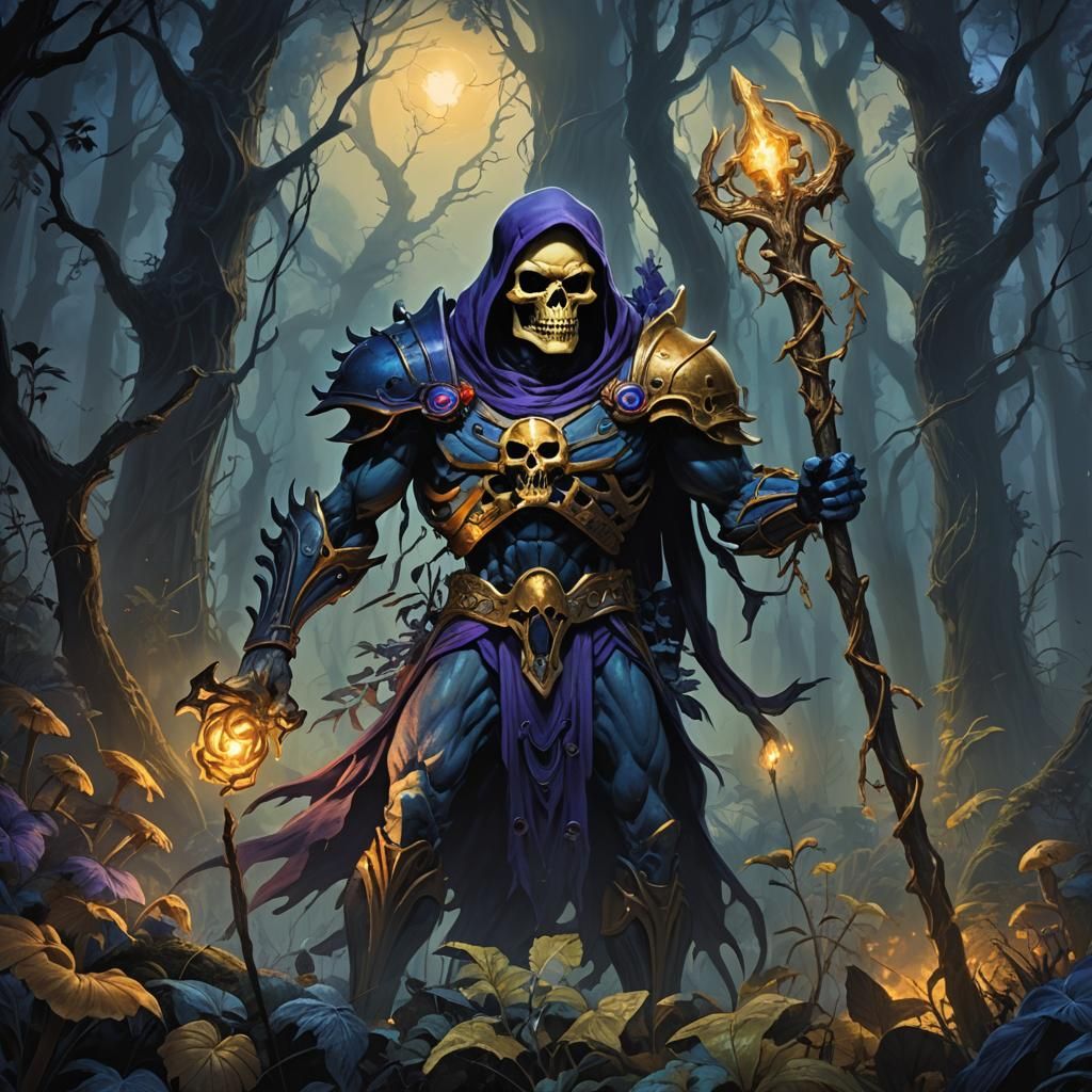 Skeletor in Mystical Forest, Dark Fantasy Art
