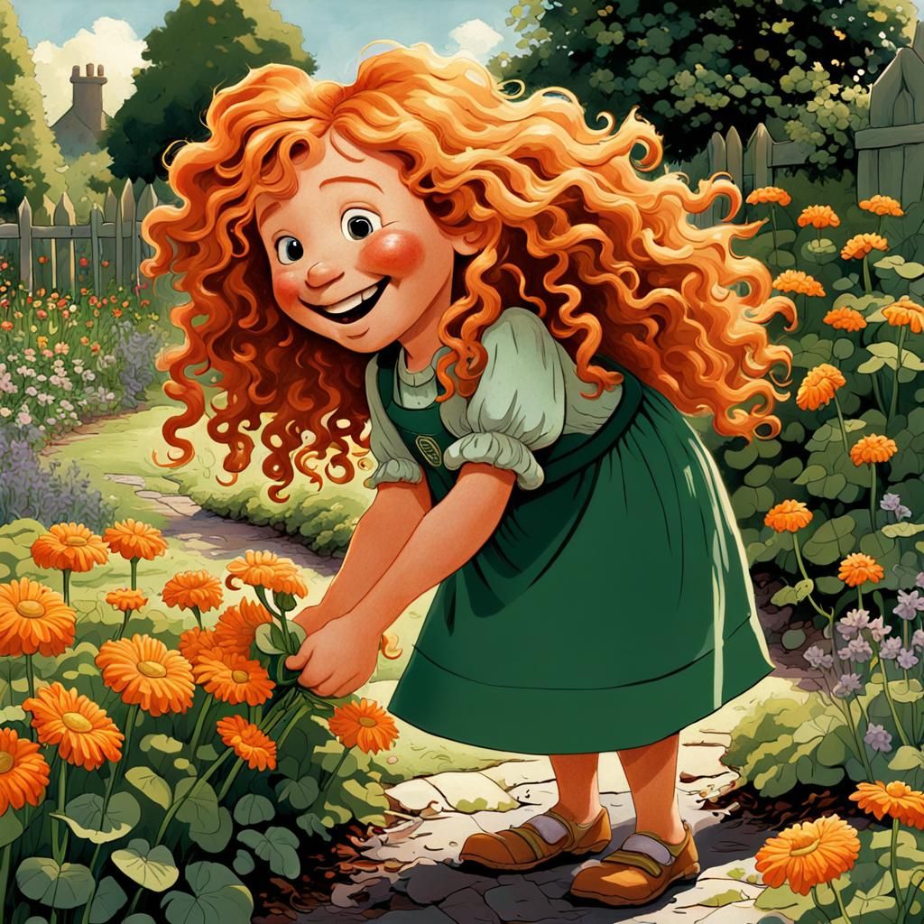 Cartoon girl picking flowers