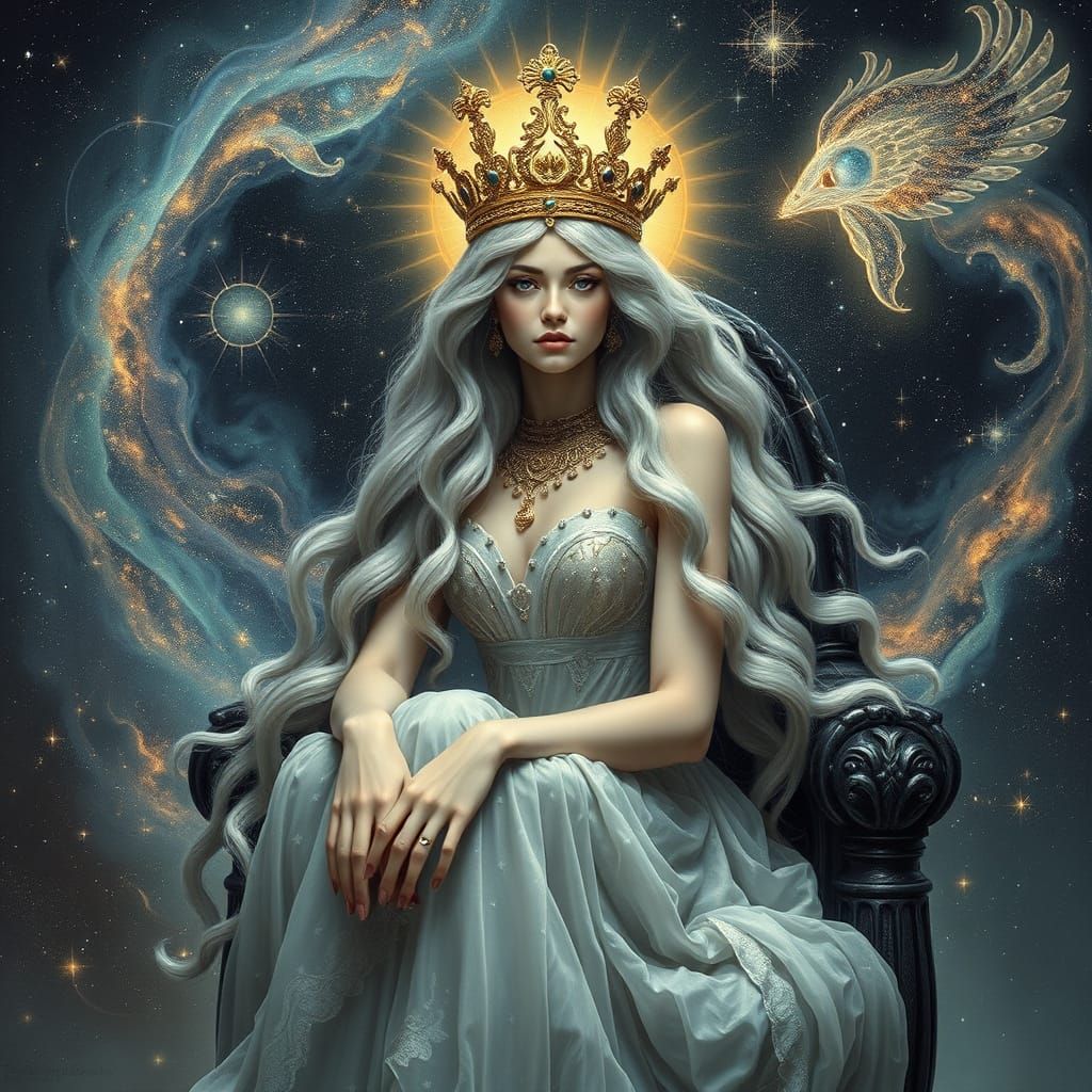Majestic Woman in Starlight Crown Sits on Obsidian Throne