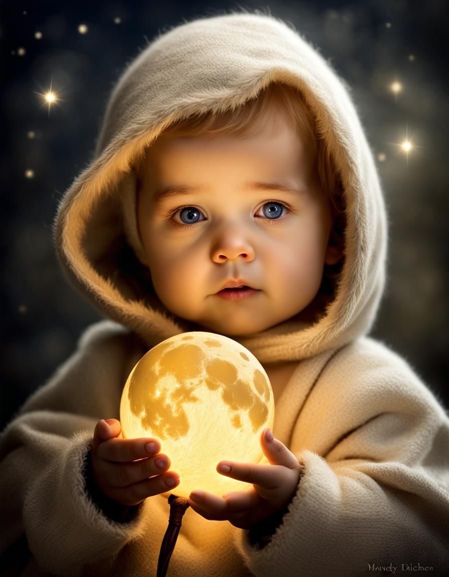 Surreal Toddler Holds Glowing Moon in Hand