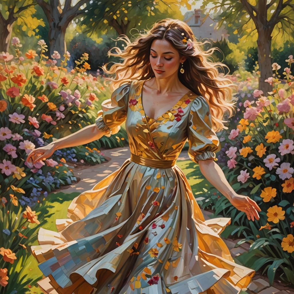 Girl Dancing in Blooming Garden, Impressionist Oil Painting