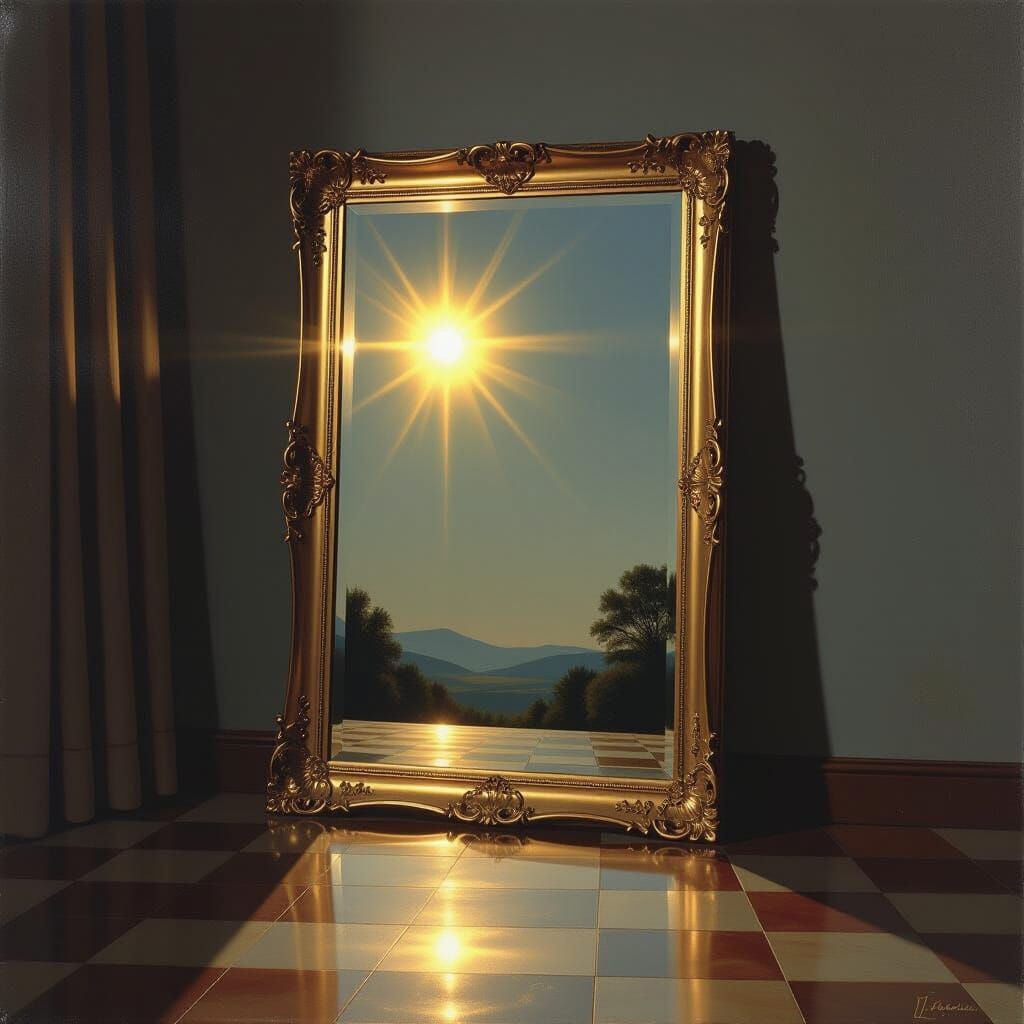 Silver Mirror Reflects Room in Melancholic Surrealism Style