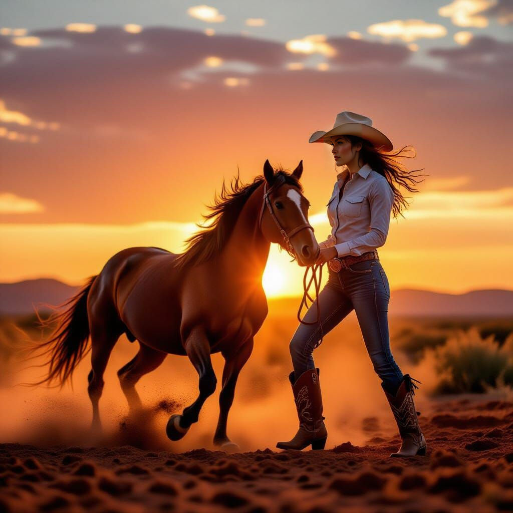 Cowgirl and Mustang at Sunset in Texas Dust