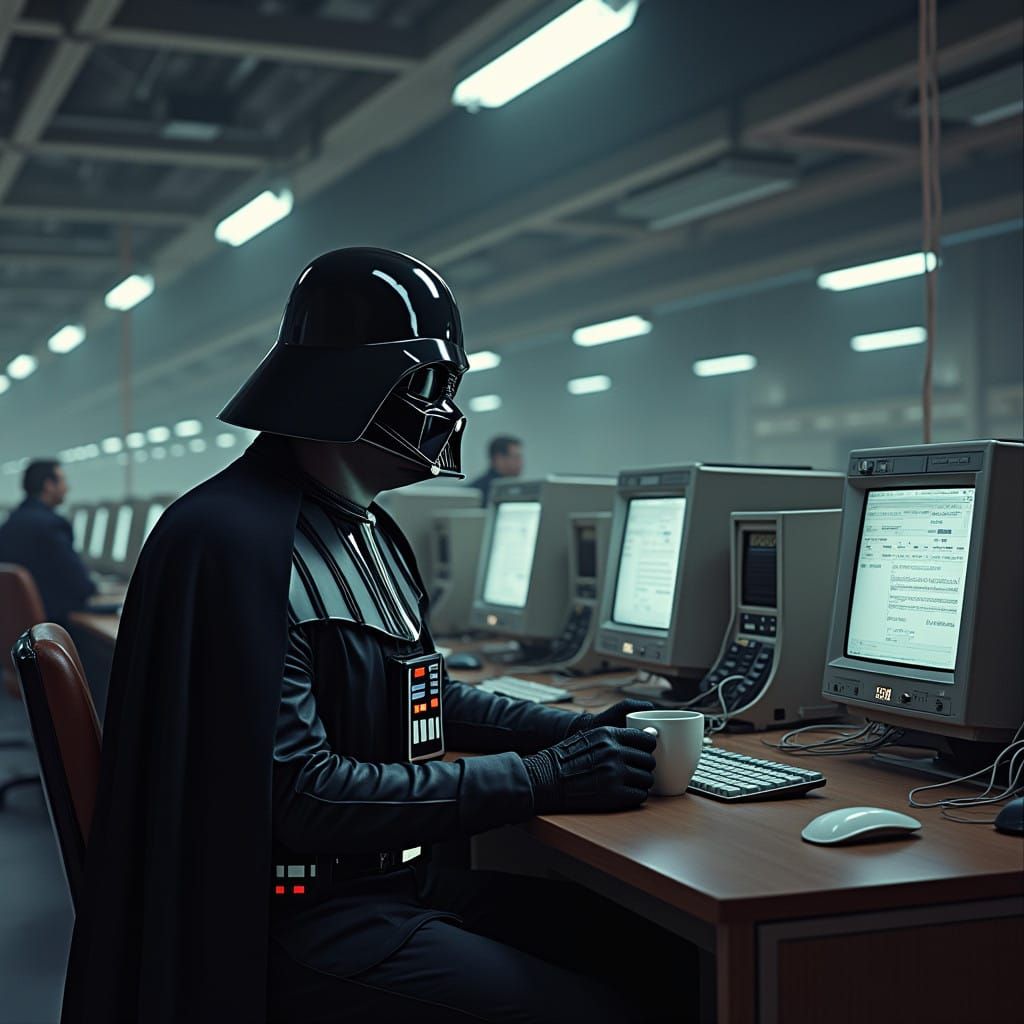 Darth Vader Works in Futuristic Industrial Office