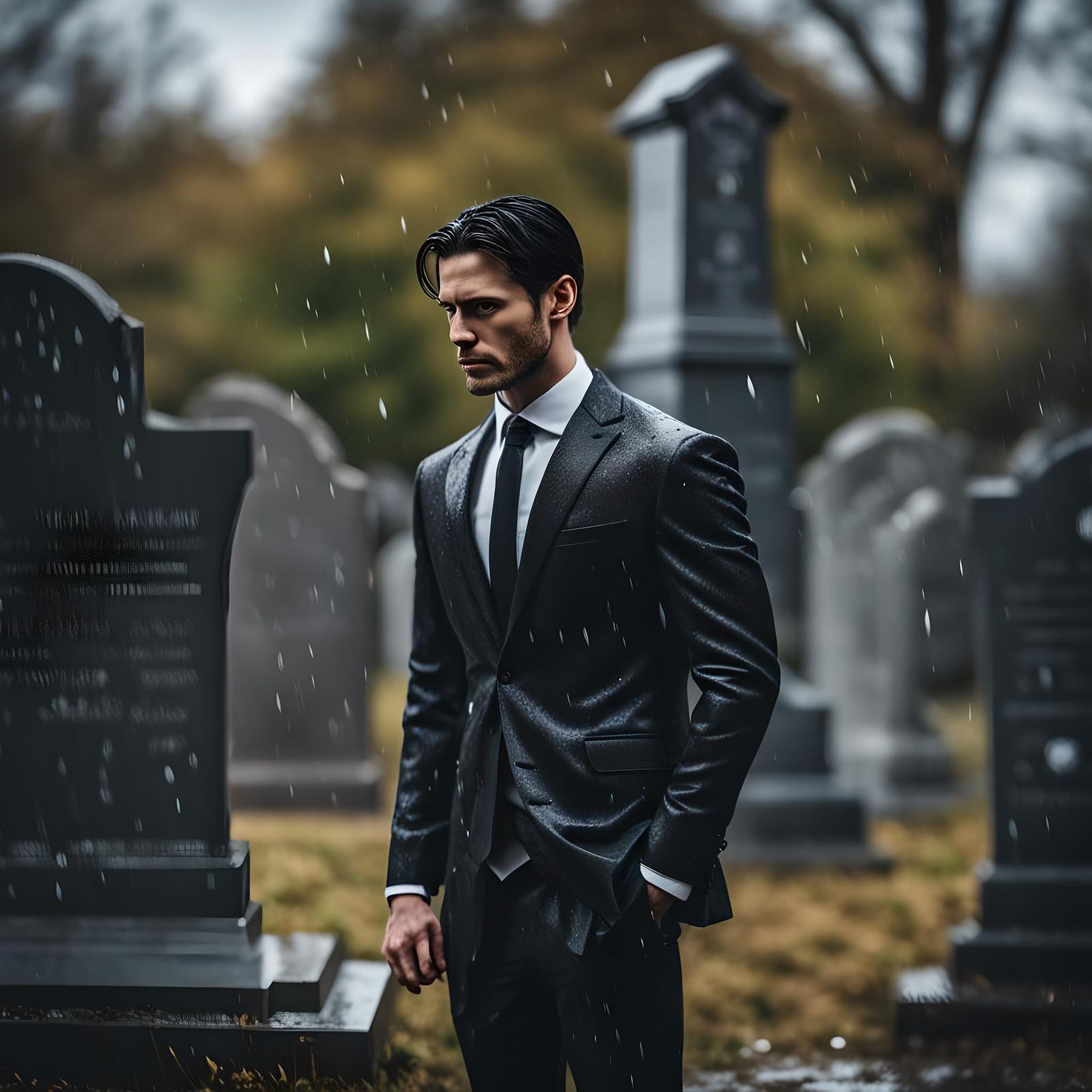Man in Suit at Tombstone in Rain