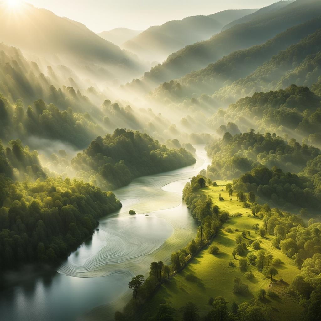 Serene River Through Lush Valley Landscape