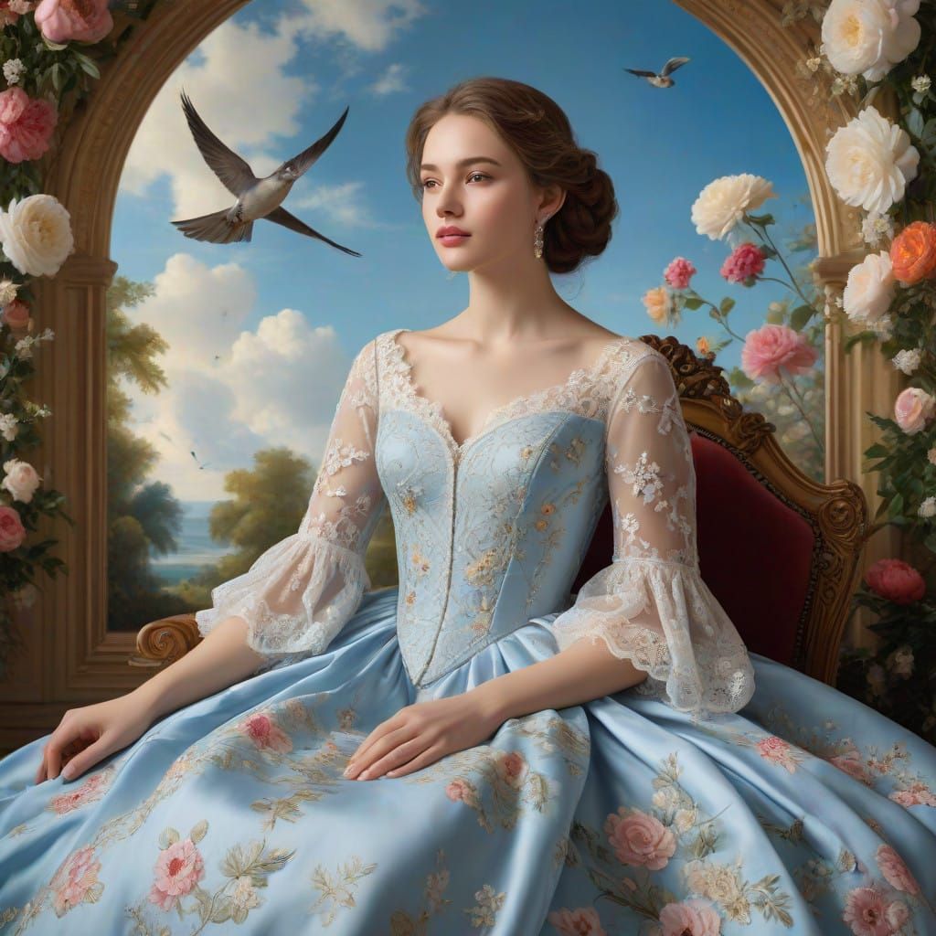 Elegant Lady in a Blooming Garden, in Baroque Style