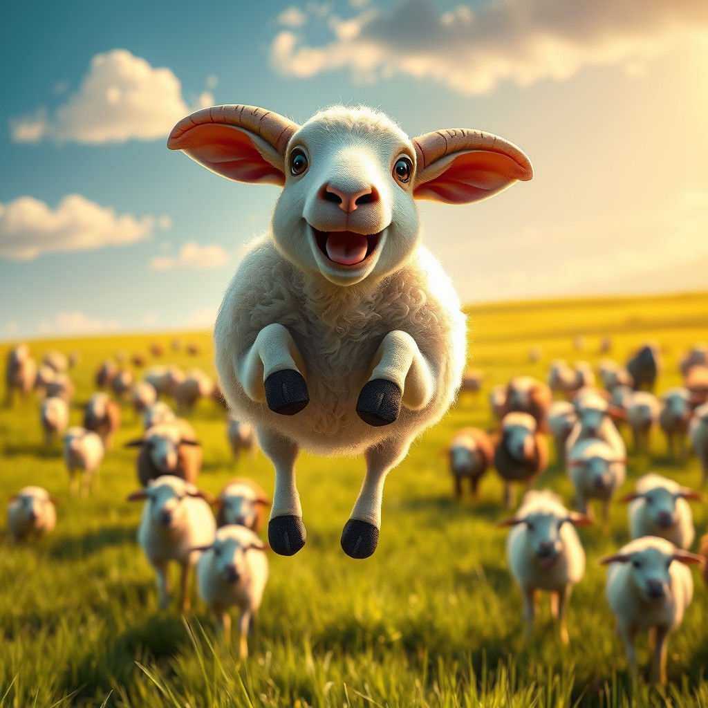Joyful Sheep Leap in Sun-Drenched Meadow