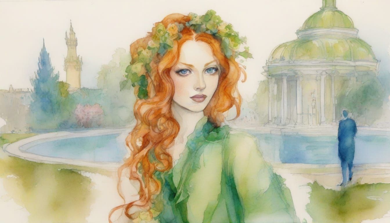 Whimsical Ginger Muse in Art Deco Exhibition