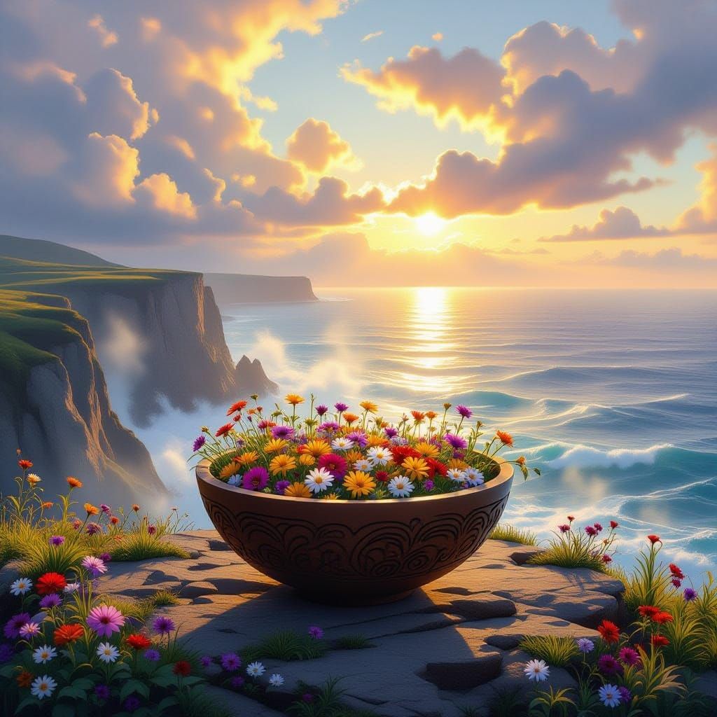 Serene Cliffside Ritual: Wildflowers in Golden Hour Glow