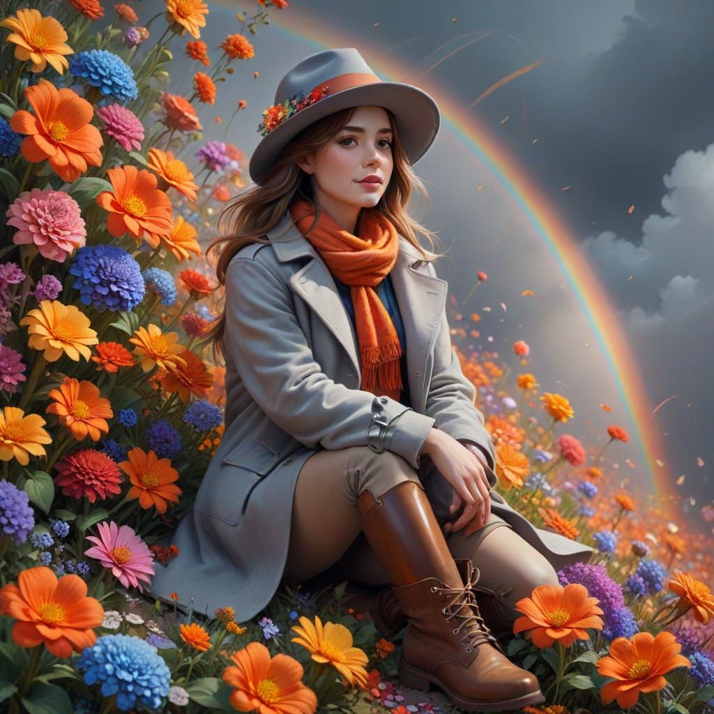 A Woman sitting with Flowers