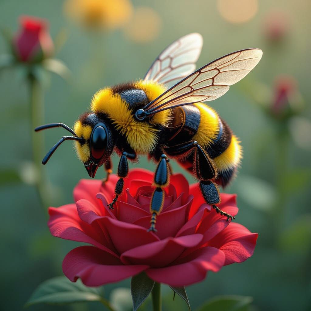 Illuminated Metal Bumblebee on Red Rose