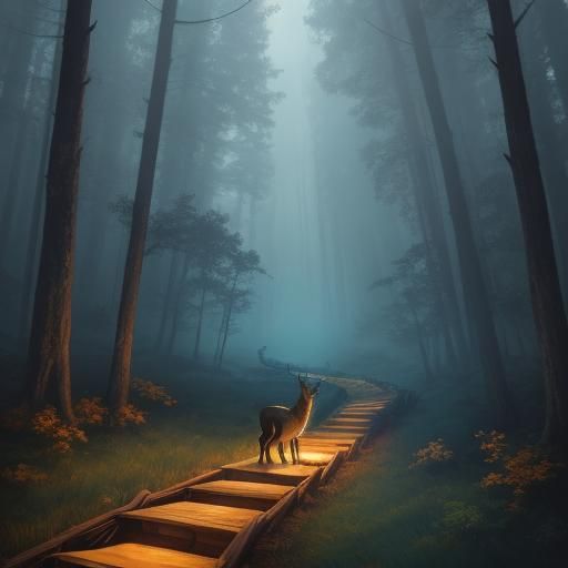 Wolf and Deer Run in Mystical Forest