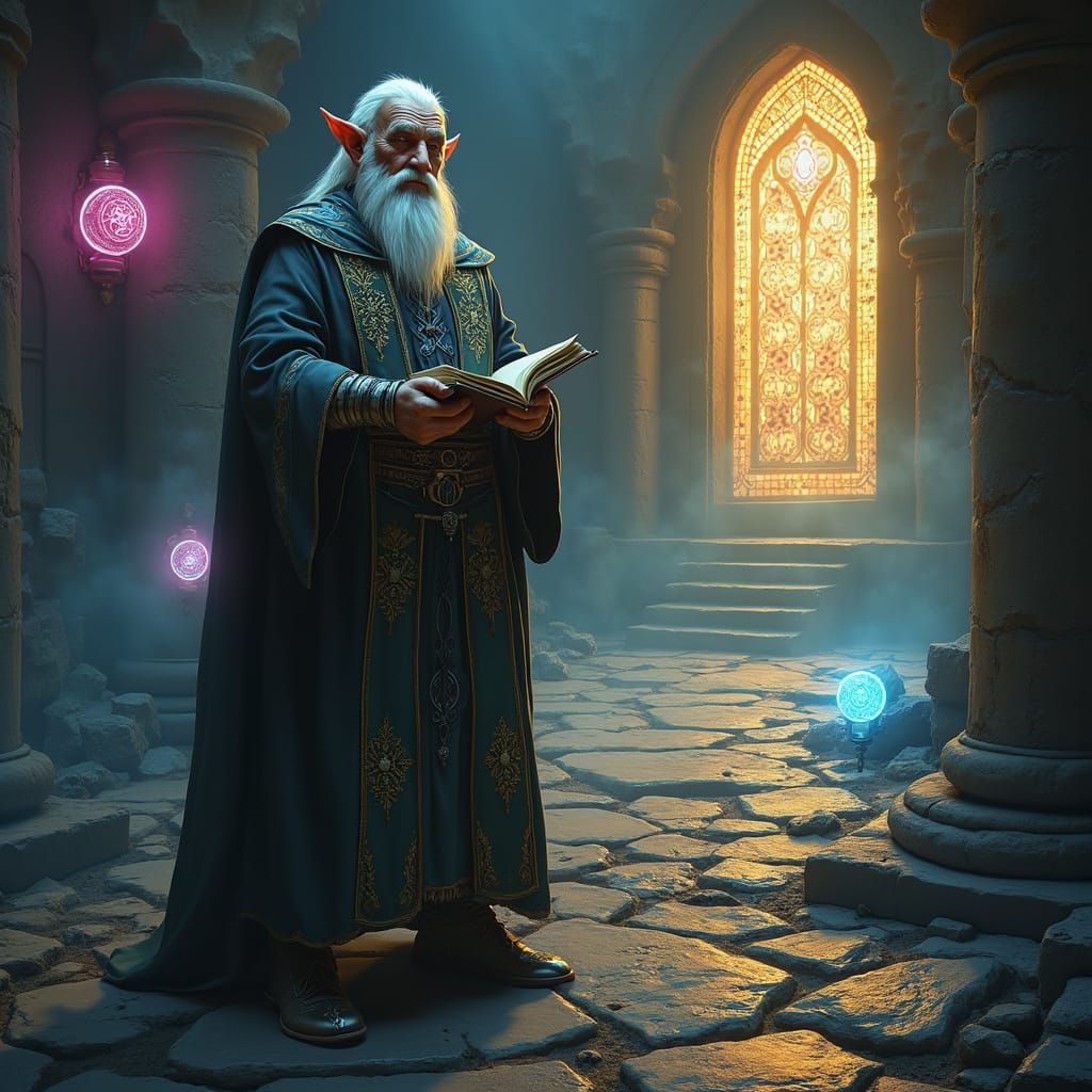 Cleric Elf in Mystical Dungeon Chamber