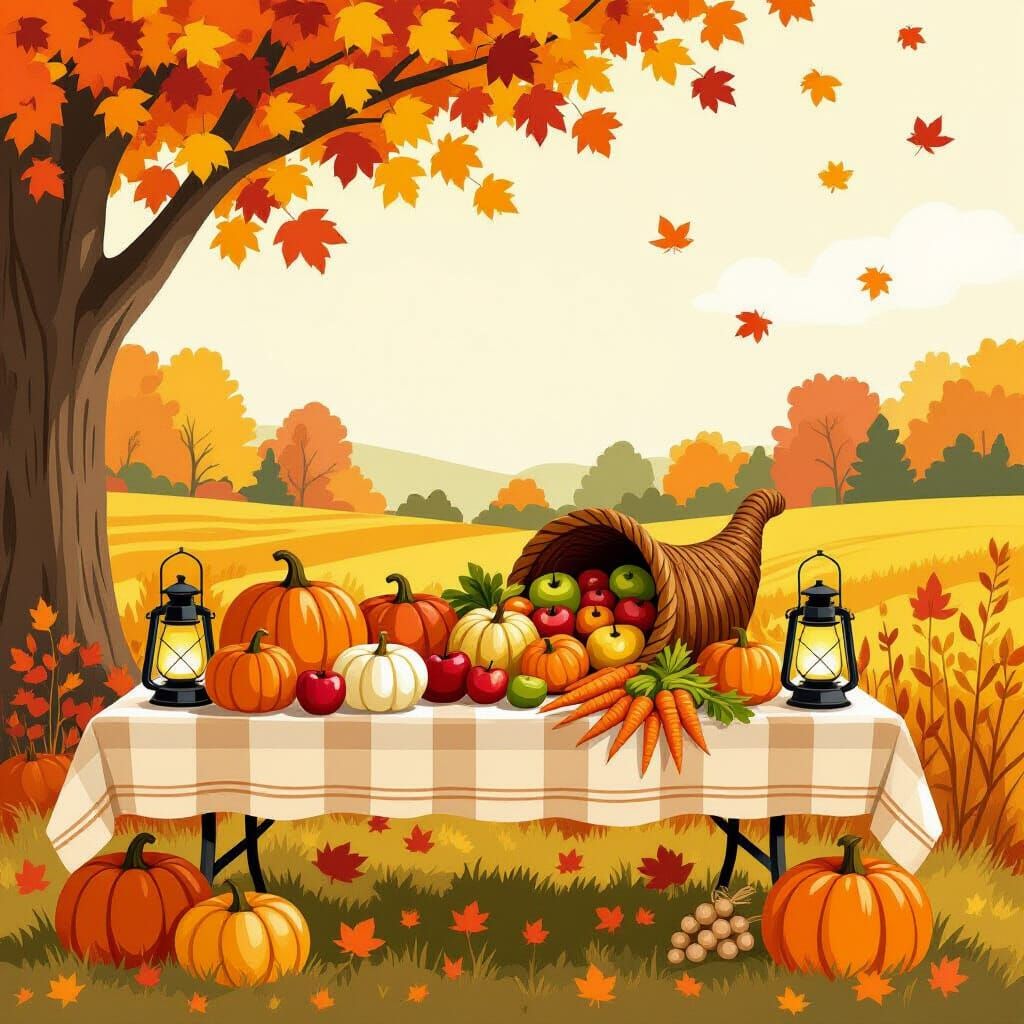 Cozy Autumn Harvest Table Under Fall Leaves