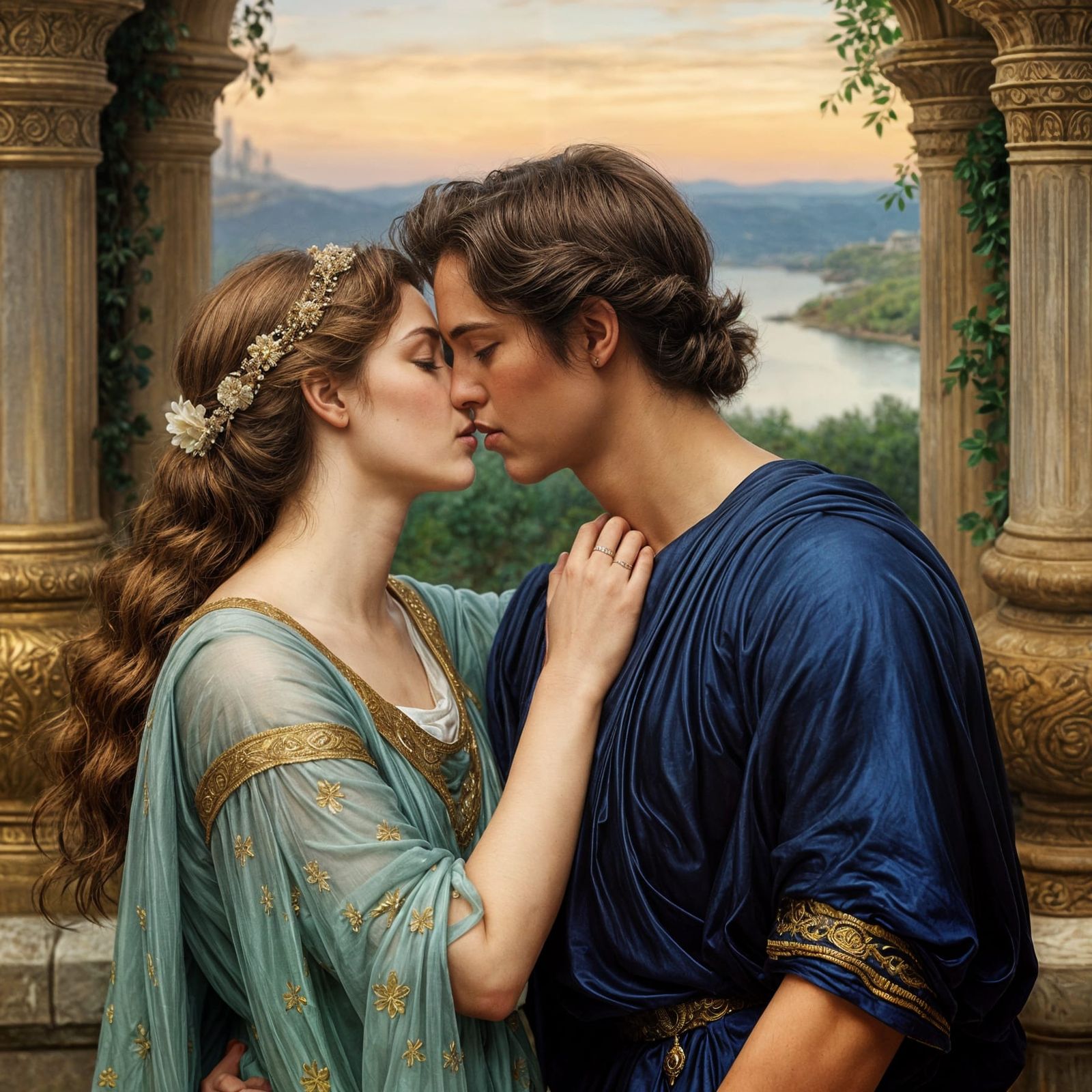 Elegant Bearded Man Kisses Noble Woman