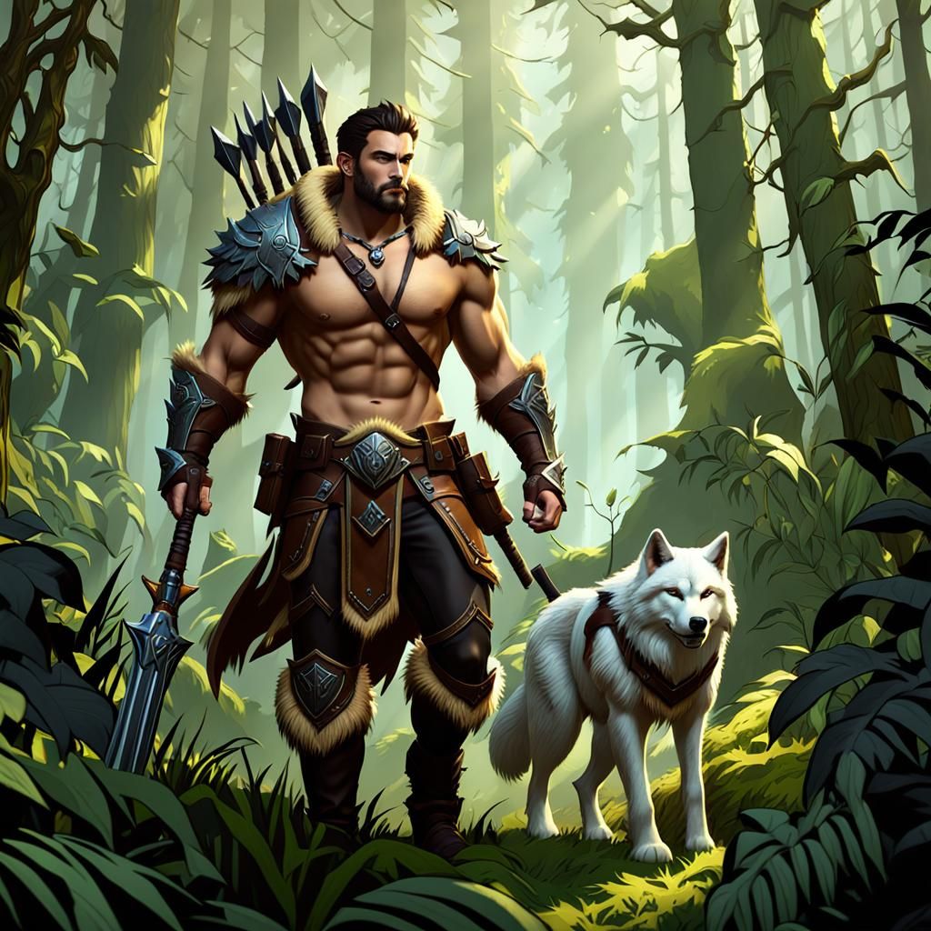Human hunter with pet wolf