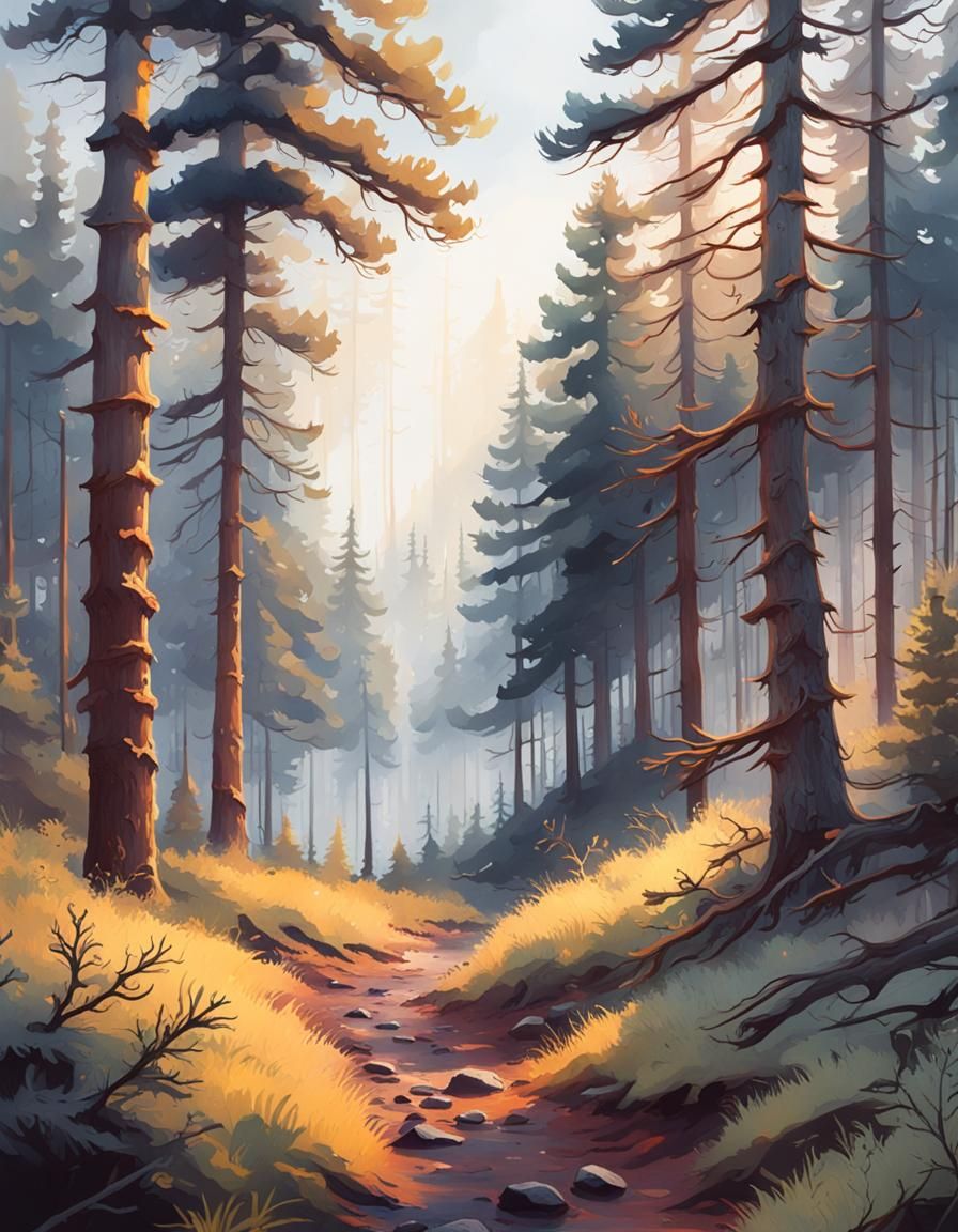 Sunny Pine Forest Watercolor Painting in Detailed Matte Styl...